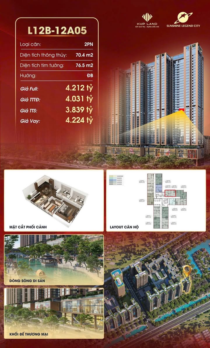 Căn hộ 2 phòng ngủ Sunshine Legend City 70.4m² giá 3.839 tỷ - Không gian sống đẳng cấp!