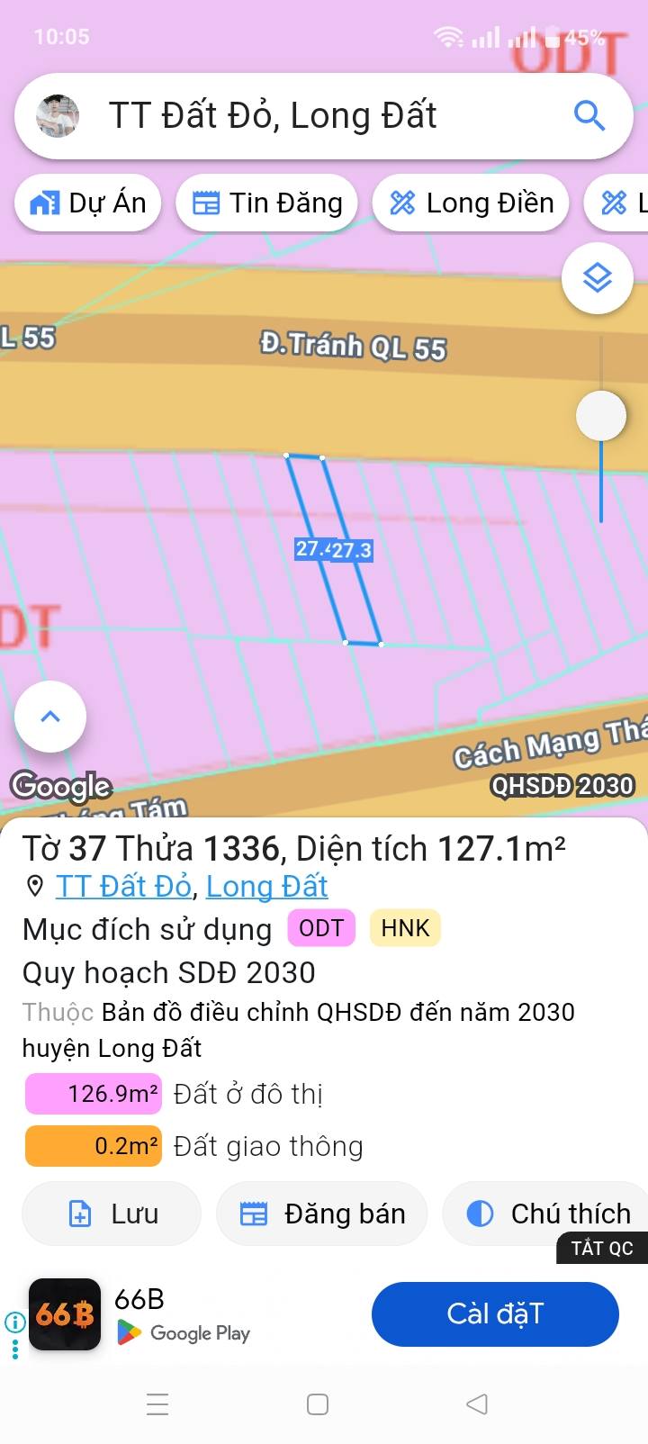 Đất nền mặt tiền Quốc lộ 55 Đất Đỏ 135m² giá 1.45 tỷ - Đầu tư sinh lời ngay!