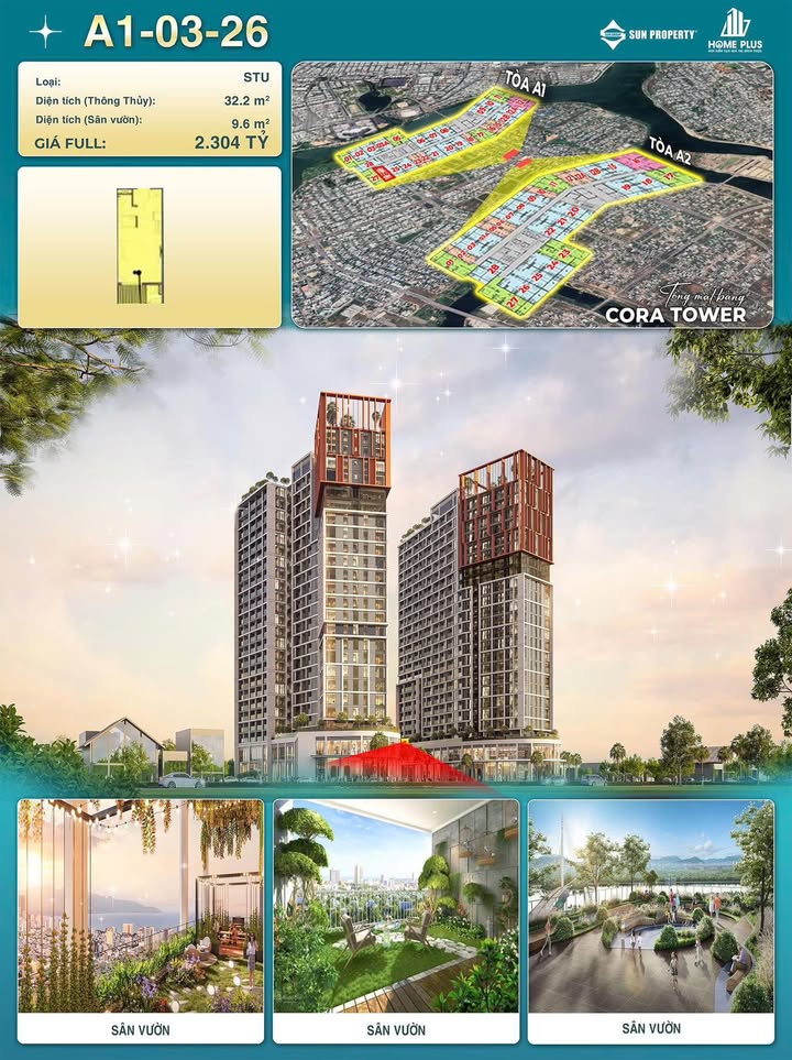 Căn hộ STUDIO Cora Tower Đà Nẵng 41,8m² giá 1,9 tỷ - Sân vườn riêng biệt!