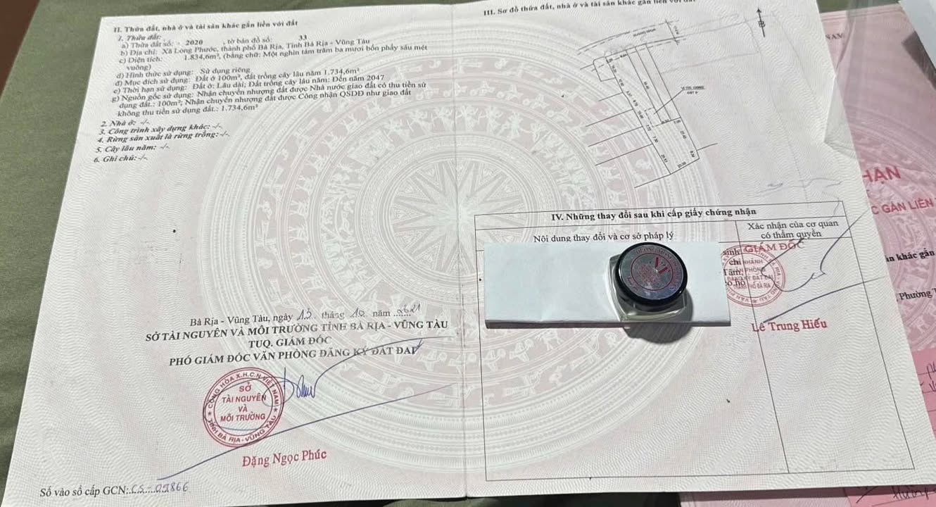 Đất nền 1.834,6m² tại xã Long Phước, Bà Rịa - Giá 12 tỷ, pháp lý rõ ràng!