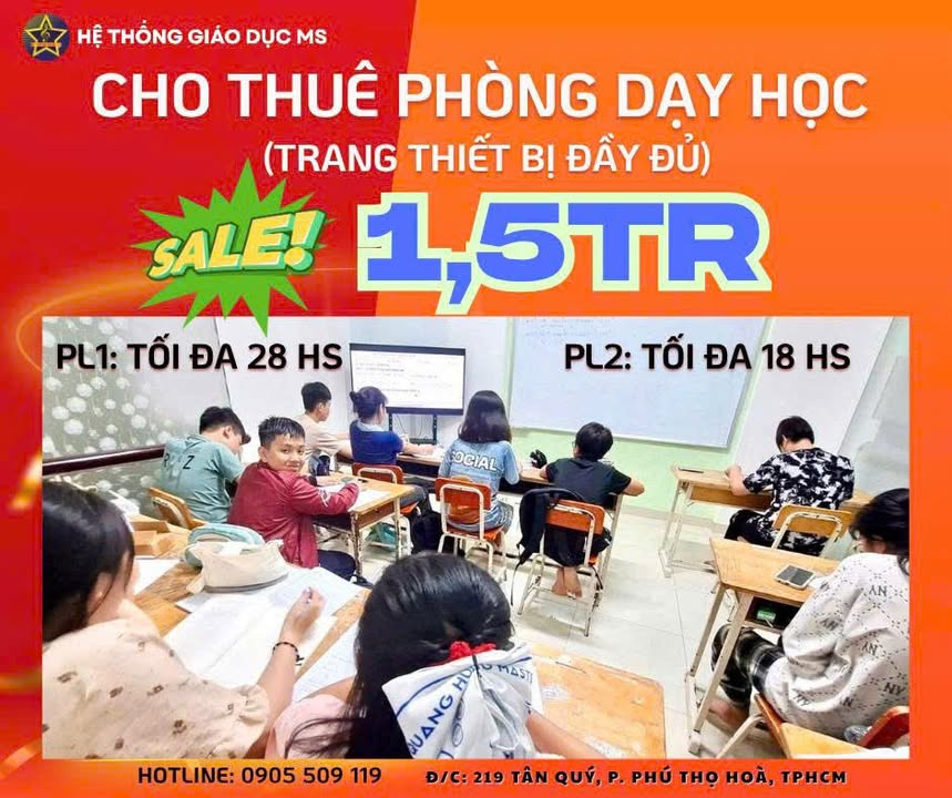 Cho thuê phòng dạy học tại Tân Quý, Tân Phú - Trang thiết bị hiện đại, giá hợp lý!