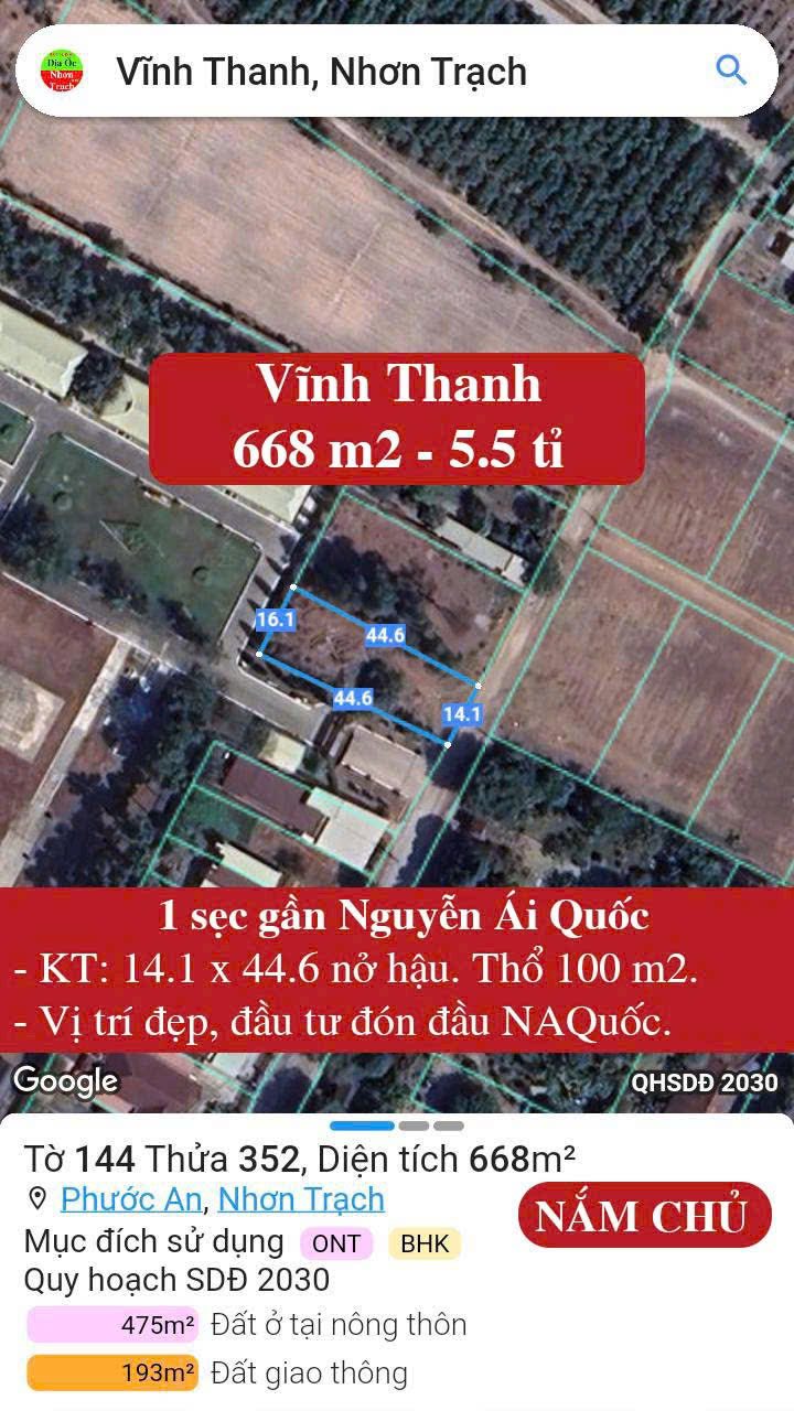 Đất nền Vĩnh Thanh, Nhơn Trạch 668m² giá 5.5 tỷ - Cơ hội đầu tư tuyệt vời!