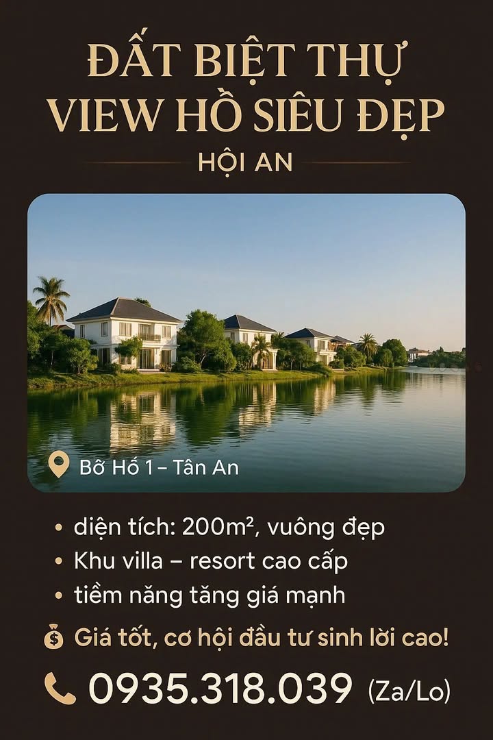 Đất biệt thự Tân An Hội An 200m² giá thỏa thuận - View hồ Trảng Kèo cực đẹp!