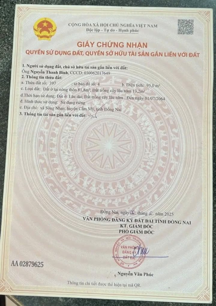 Đất thổ cư Sông Nhạn, Cẩm Mỹ, Đồng Nai 96m² giá 565 triệu - Đầu tư sinh lời ngay!