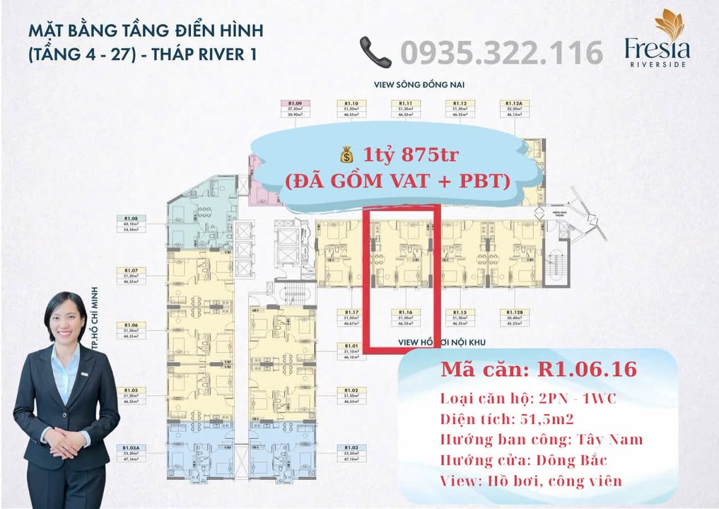 Căn hộ Fresia Riverside 51.5m² giá thỏa thuận - View hồ bơi tuyệt đẹp!