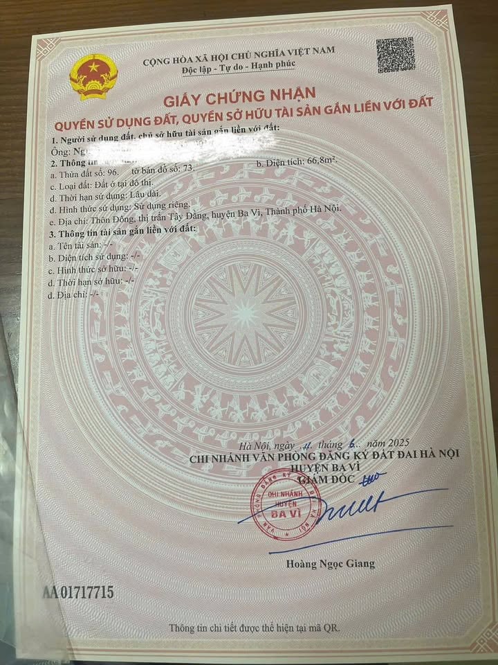 Đất thổ cư bán gấp tại xã Quảng Oai, Ba Vì - Diện tích 68m², giá tốt cho đầu tư!