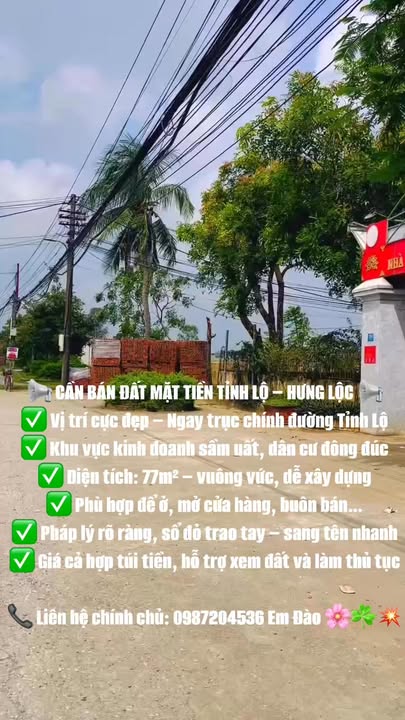 Đất mặt tiền Tỉnh Lộ Hưng Lộc 77m² giá thỏa thuận - Vị trí kinh doanh đắc địa!