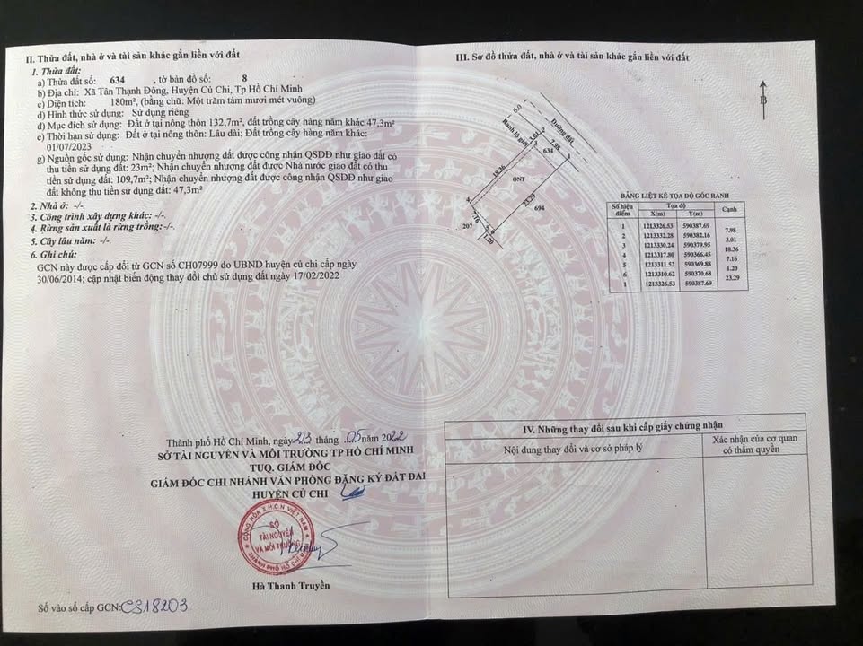 Đất thổ cư Củ Chi 184m² giá 3 tỷ - Cơ hội đầu tư tốt!