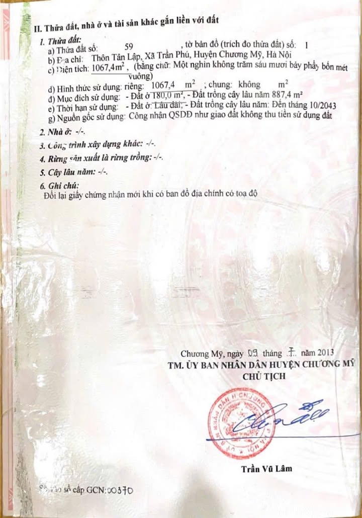 Đất thổ cư Tân Lập, Trần Phú, Chương Mỹ 1068m² - Vị trí kinh doanh đắc địa!