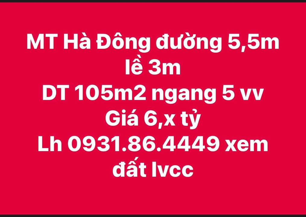Đất nền mặt tiền Hà Đông 106m² giá 6 tỷ - Vị trí đắc địa gần biển!