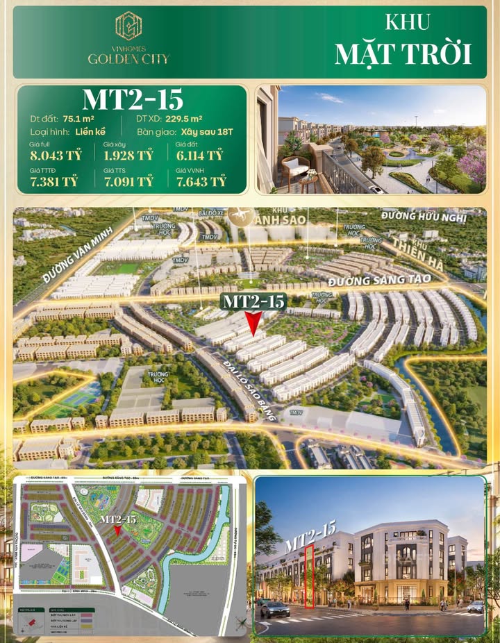 Nhà liền kề Khu Mặt Trời - Vinhomes Golden City 75m² giá chỉ từ 7.09 tỷ