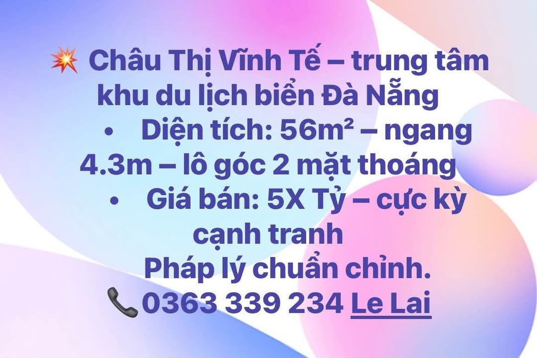 Đất nền đường Châu Thị Vĩnh Tế, Đà Nẵng 56m² giá 5 tỷ - Lô góc 2 mặt thoáng!