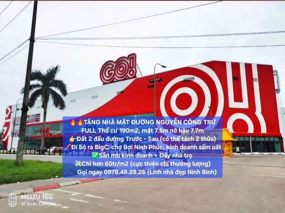 Đất kinh doanh mặt tiền đường Nguyễn Công Trứ, Ninh Bình 190m² giá 6.84 tỷ - Cơ hội đầu tư tuyệt vời!