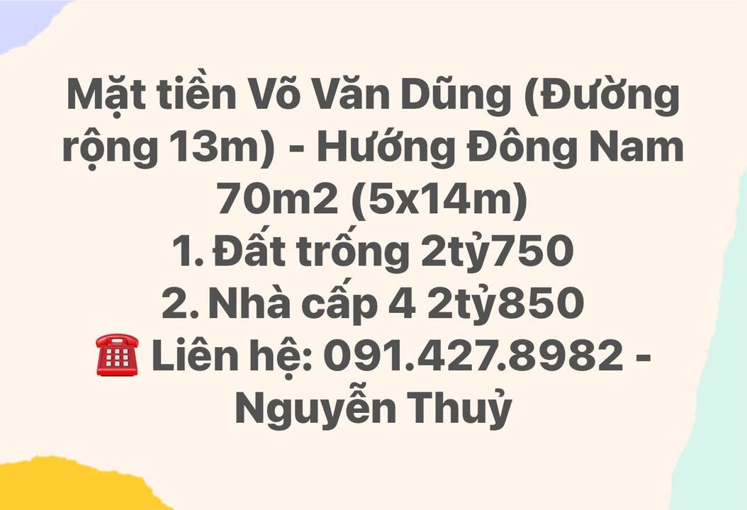 Đất mặt tiền Võ Văn Dũng, Tuy Hòa 70m² giá 2.75 tỷ - Cơ hội đầu tư vàng!