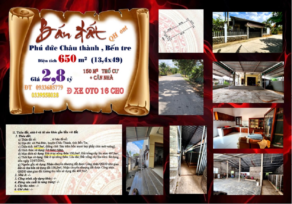 Nhà và đất Phú Đức, Châu Thành, Bến Tre 650m² giá 2.8 tỷ - Đầu tư sinh lời!