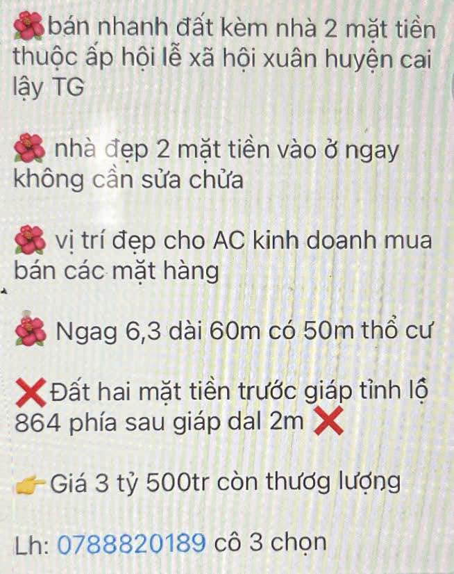 Bán đất kèm nhà 2 mặt tiền tại Ấp Hội Lễ, Cai Lậy - Giá 3.5 tỷ, vị trí kinh doanh lý tưởng!