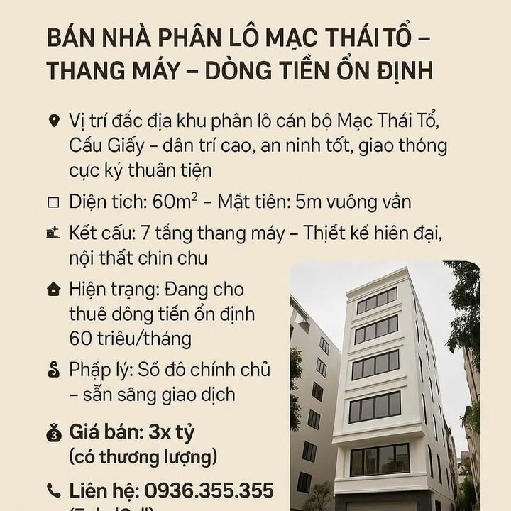 Nhà phân lô Mạc Thái Tổ 60m² giá 30 tỷ - Dòng tiền ổn định 60 triệu/tháng!