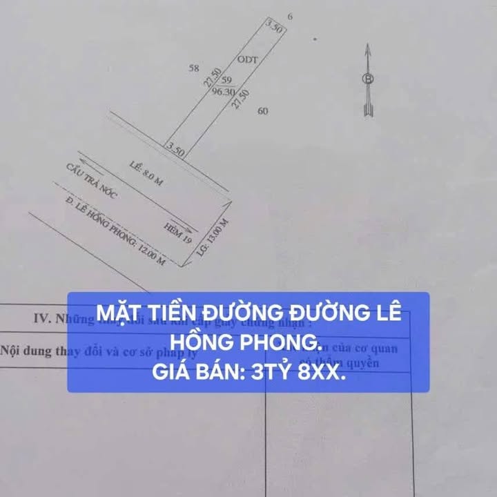 Đất thổ cư 96m² tại đường Lê Hồng Phong, Trà An - Giá 3.8 tỷ, đầu tư sinh lời!