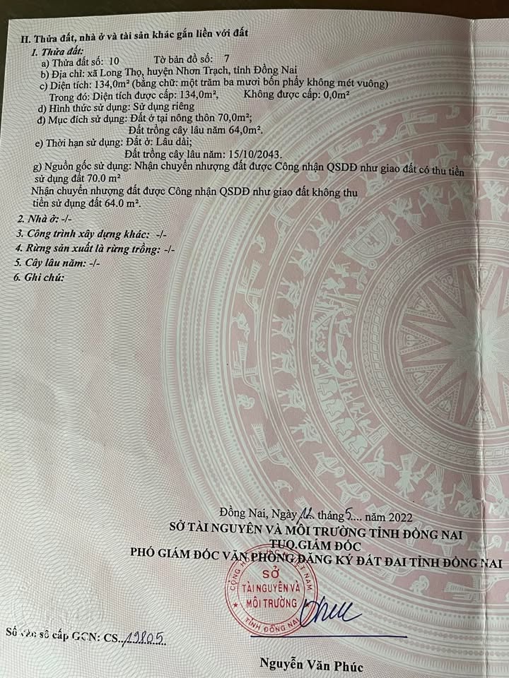 Đất thổ cư 134m² tại Ấp 1 Long Thọ, Nhơn Trạch giá 1.9 tỷ - Cơ hội đầu tư hấp dẫn!