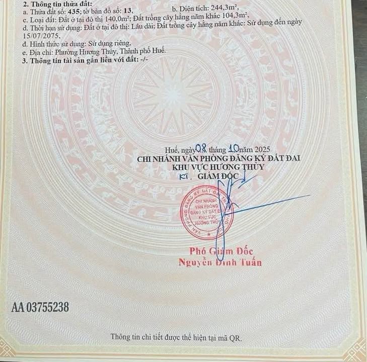 Đất nền Trưng Nữ Vương, Hương Thủy 244m² - Giá chỉ 1 tỷ, tách được 3 lô!