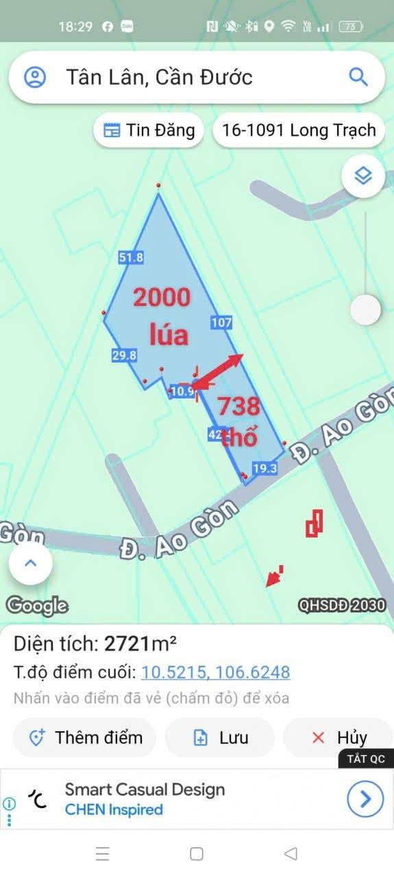 Đất thổ cư 738m² + 2000m² đất lúa tại Ao Gòn, Tân Lân - Giá chỉ 5.6 tỷ thương lượng!