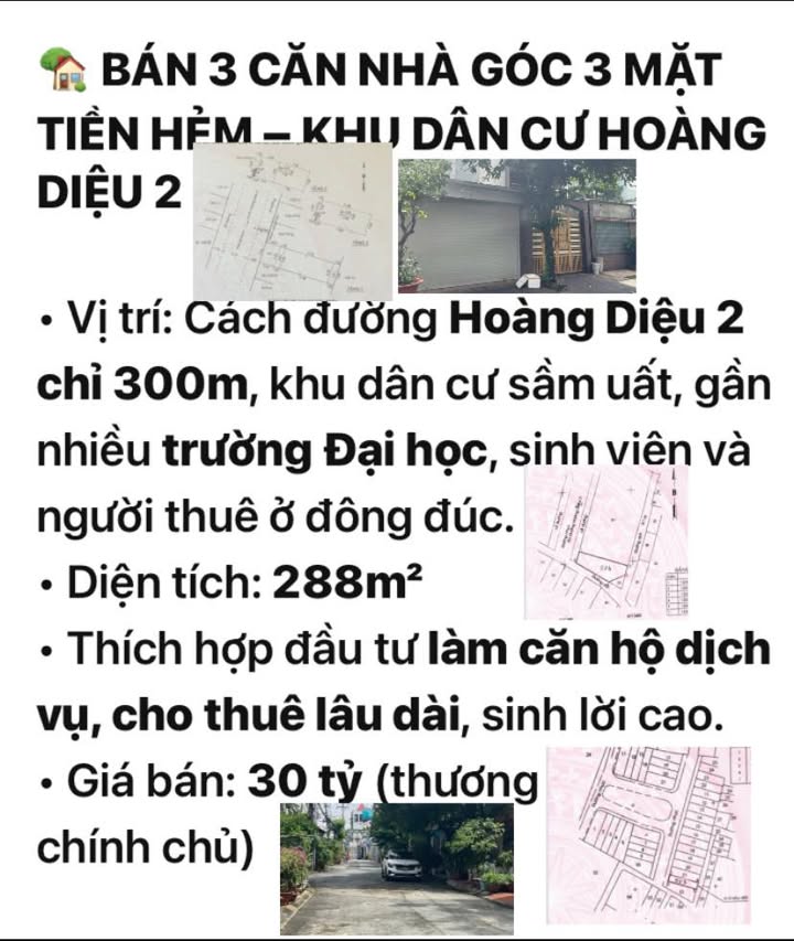 Nhà góc 3 mặt tiền hẻm Hoàng Diệu 2, Thủ Đức, 261.5m² - Đầu tư sinh lời cao!