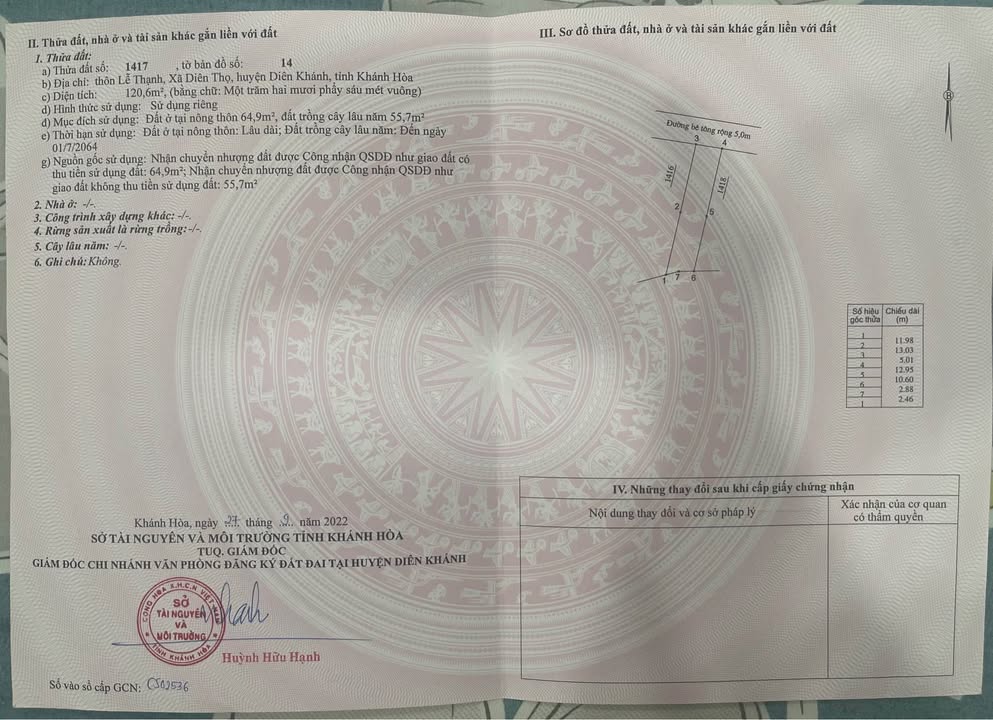 Đất nền Diên Thọ 120.6m² giá 670 triệu - Pháp lý sổ hồng chính chủ!