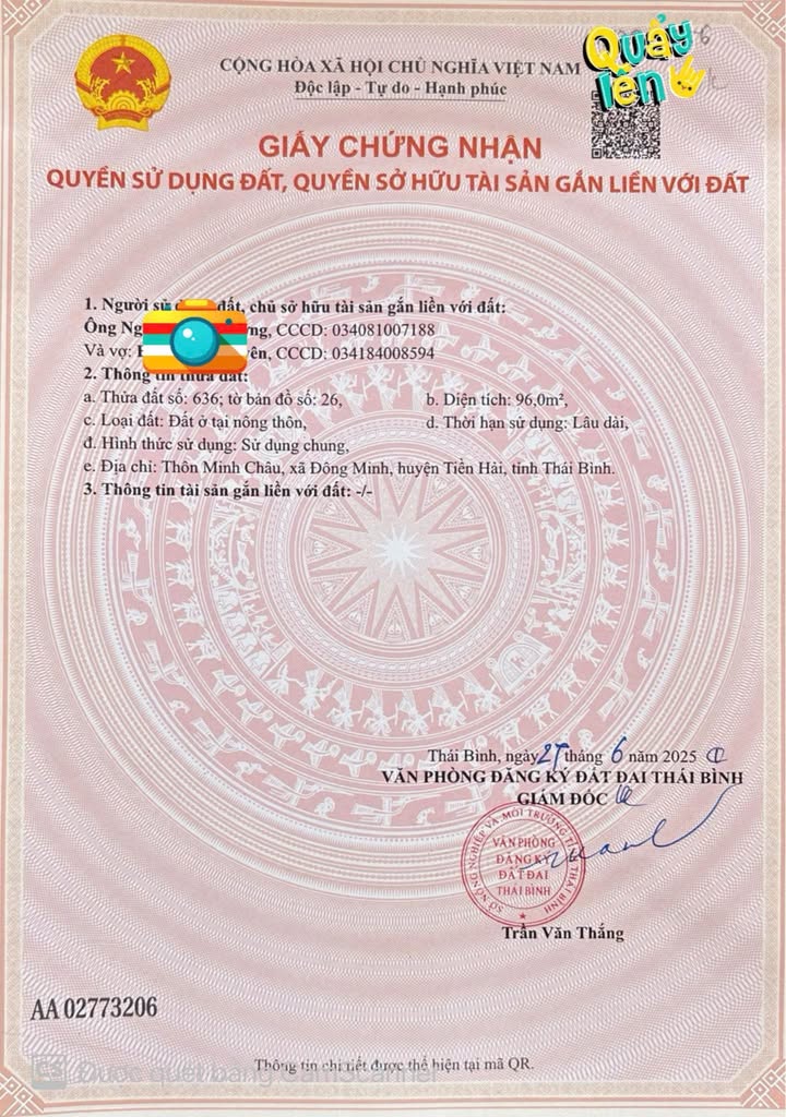 Đất đấu giá Đông Minh Tiền Hải 96m² giá 2 tỷ - Sổ đỏ chính chủ!