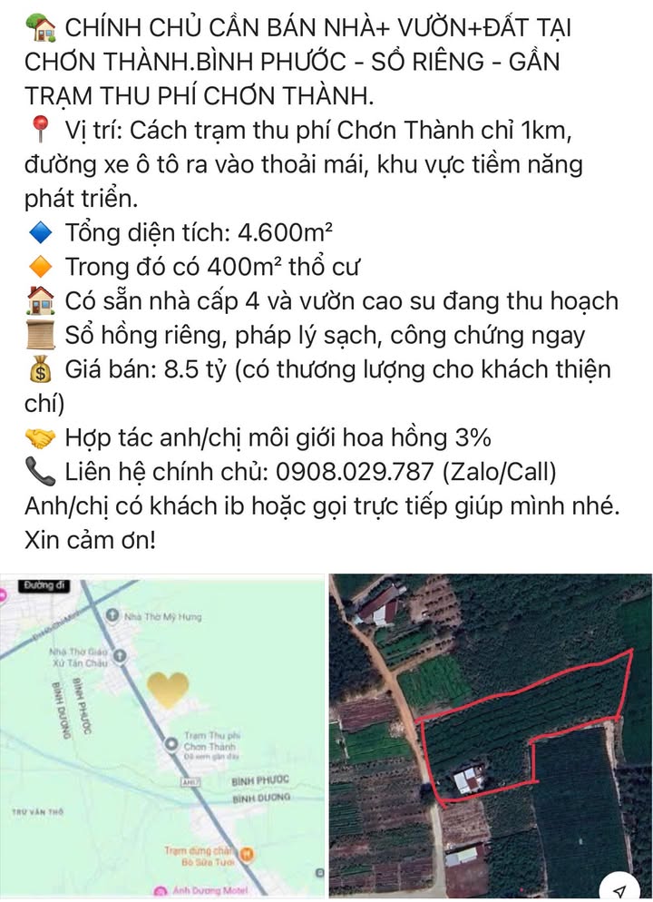 Nhà vườn Chơn Thành 4600m² giá 8.5 tỷ - Sổ hồng chính chủ, pháp lý sạch!