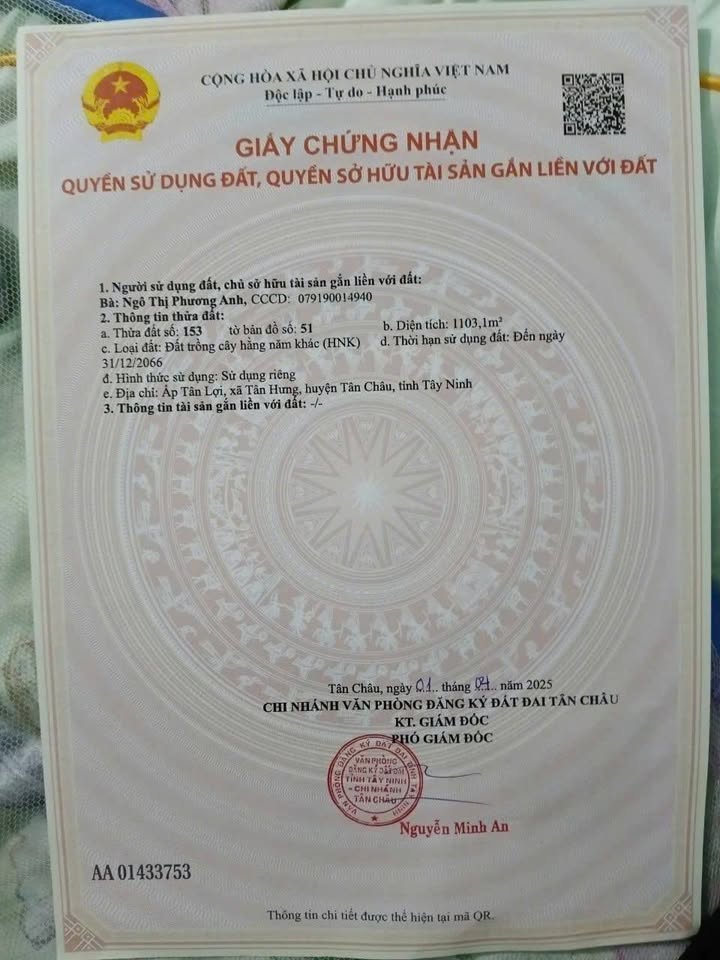 Đất nền Tân Hưng, Tân Châu, Tây Ninh 1103m² giá 600 triệu - Cơ hội đầu tư tuyệt vời!