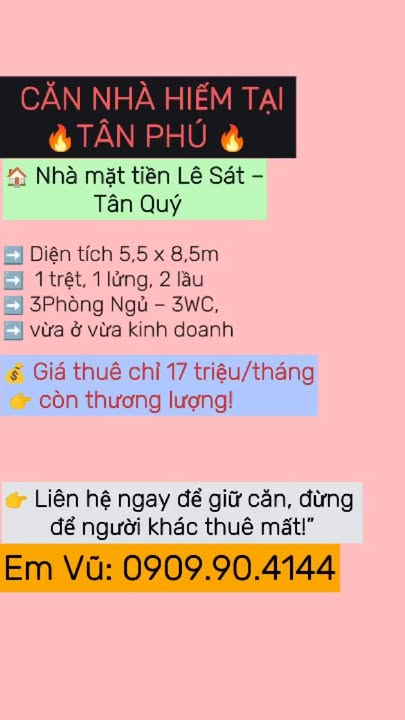 Nhà cho thuê mặt tiền đường Lê Sát, Tân Phú 46m² - Thích hợp làm văn phòng hoặc spa!