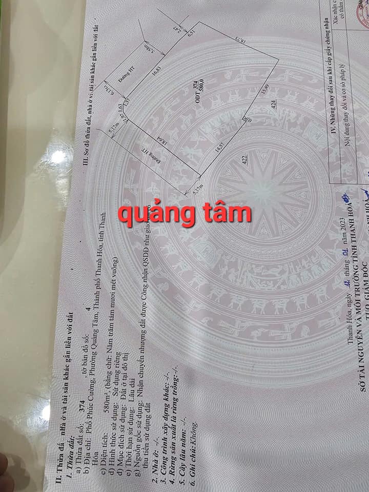 Đất thổ cư 580m² phường Quảng Tâm - Giá thỏa thuận, vị trí trung tâm!