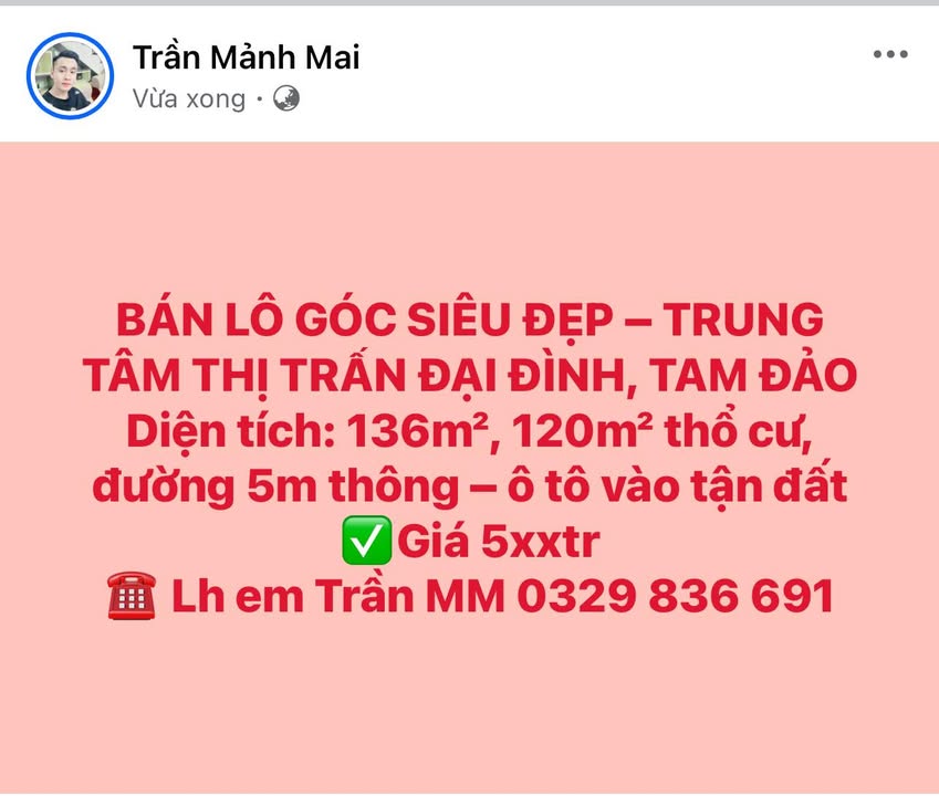 Đất nền lô góc tại trung tâm thị trấn Đại Đình, Tam Đảo 136m² - Giá cực tốt thỏa thuận!