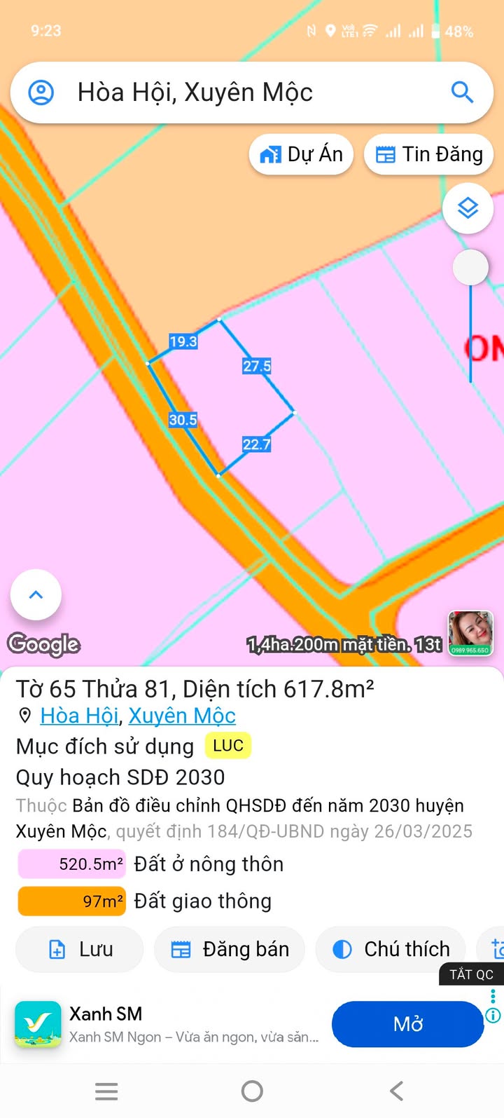 Đất nền xã Hòa Hội 617m² giá 950 triệu - Mặt tiền đường nhựa rộng rãi!