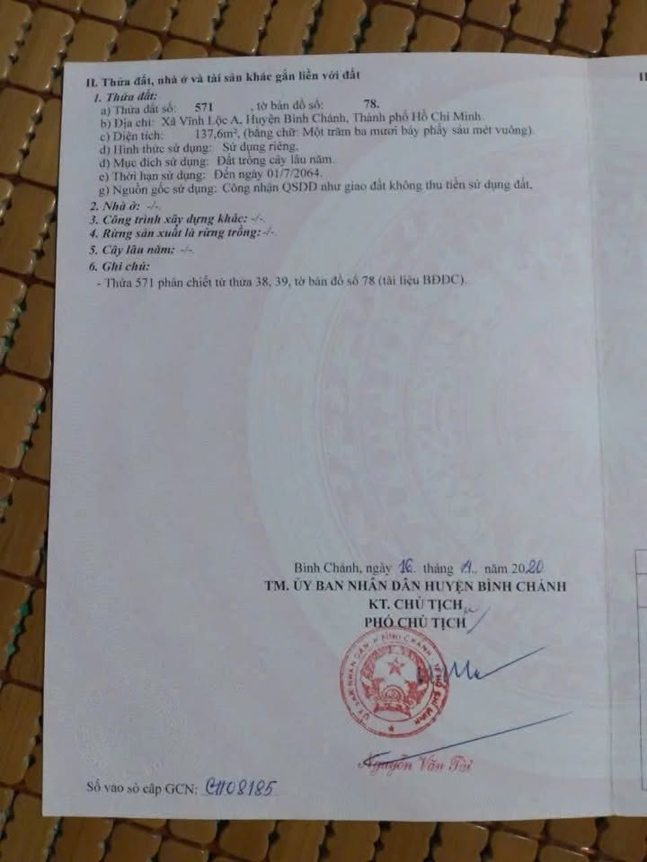 Đất nền 136m² tại Vĩnh Lộc A, Bình Chánh - Chỉ 1.45 tỷ, sổ đỏ chính chủ!