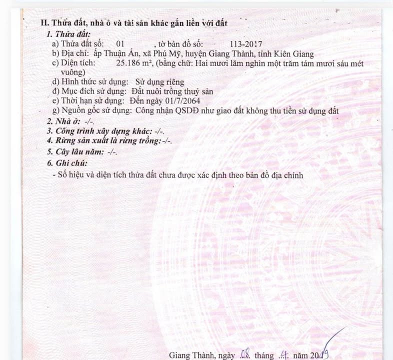 Đất nuôi trồng thủy sản 25.186m² tại Phú Mỹ, Giang Thành - Giá chỉ 5.5 tỷ VND!
