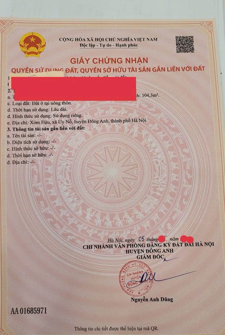 Đất nền Xóm Hậu, Uy Nỗ, Đông Anh 104m² - Pháp lý sạch, vị trí thuận lợi!