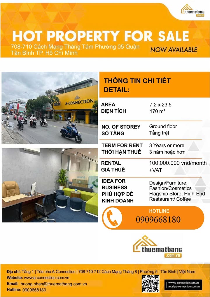Cho thuê mặt bằng 170m² tại 708-710 CMT8, Q.Tân Bình - Vị trí đắc địa, giá 100 triệu/tháng!