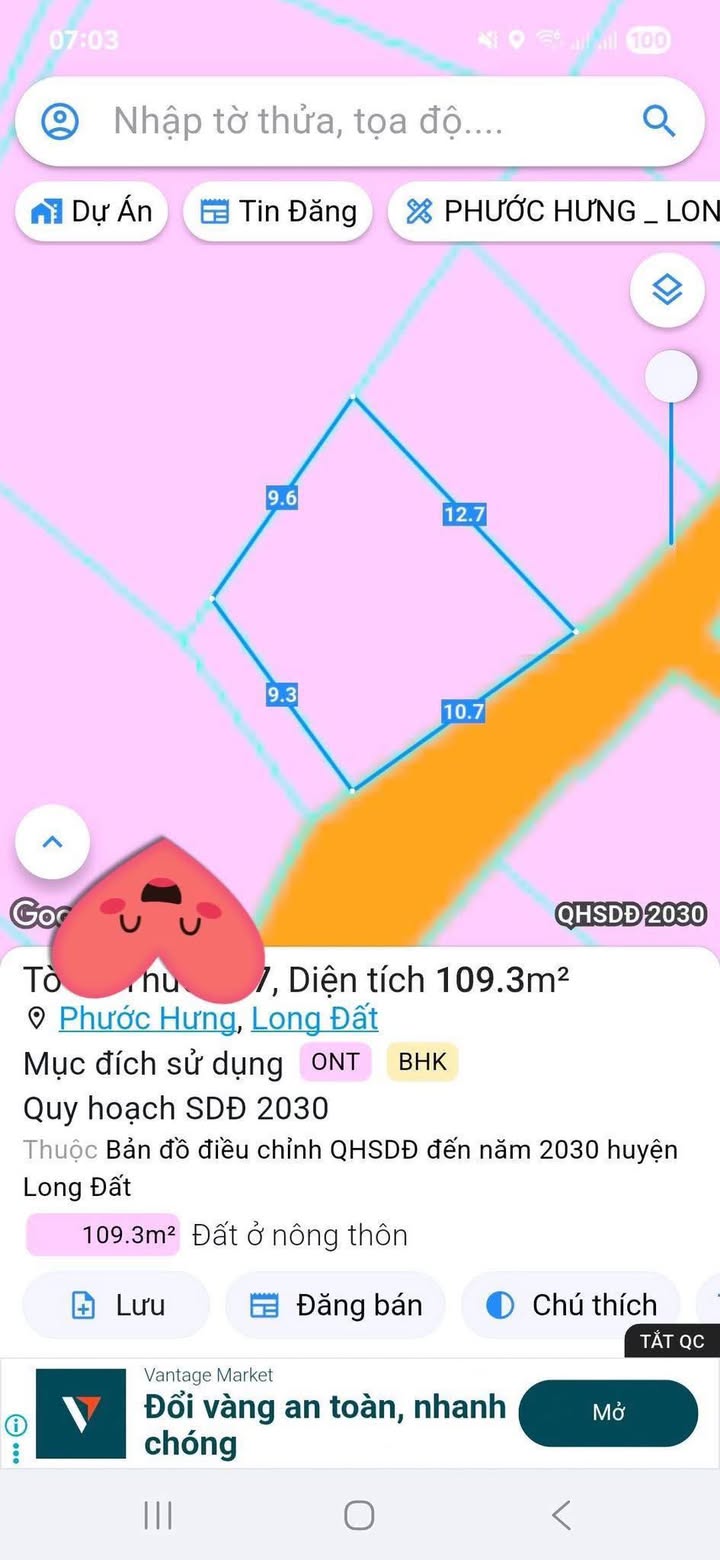 Đất thổ cư Phước Hưng Long Hải 109m² giá 1.499 tỷ - Lô góc 2 mặt tiền đường nhựa