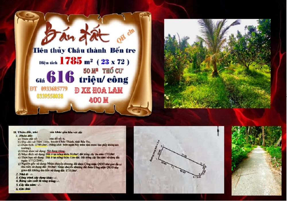 Đất Tiên Thủy Châu Thành Bến Tre 1785m² giá 1.1 tỷ - Cơ hội đầu tư tuyệt vời!