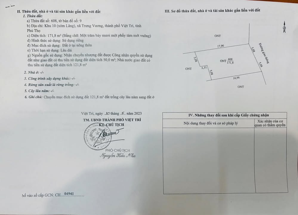 Đất nền khu phố 10, xã Trưng Vương, 171m² - Sổ đỏ chính chủ, giá chỉ 5.326 tỷ!