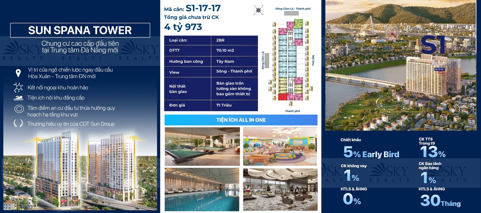 Căn hộ Spana Tower Đà Nẵng 70m² giá 4 tỷ - View sông và nội khu tuyệt đẹp!