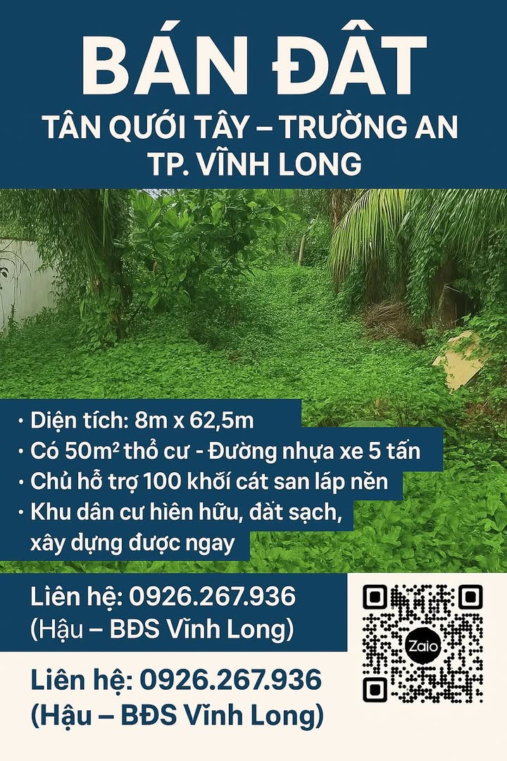 Đất nền khu Tân Quới Tây, Trường An, Vĩnh Long 500m² giá 1.5 tỷ - Sổ hồng chính chủ