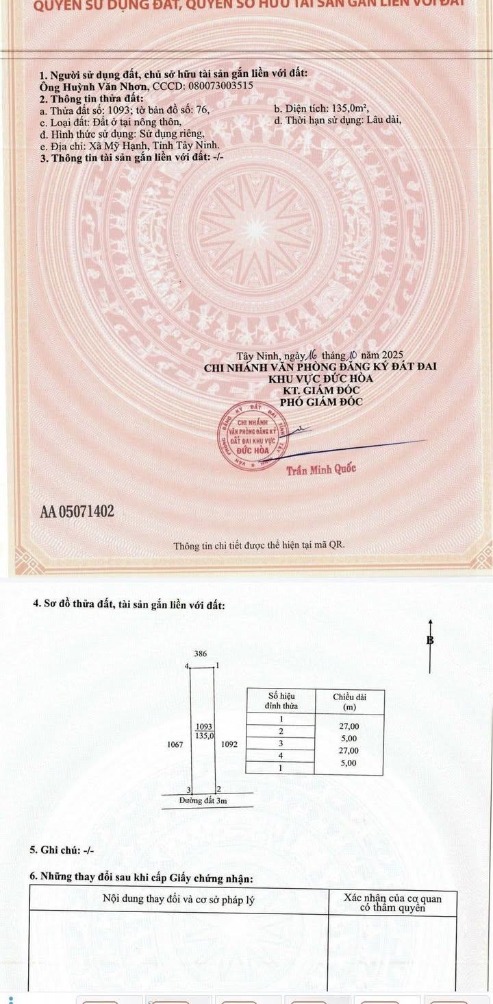 Đất thổ cư xã Mỹ Hạnh, Đức Hòa 135m² giá chỉ 700 triệu - Cơ hội đầu tư lý tưởng!