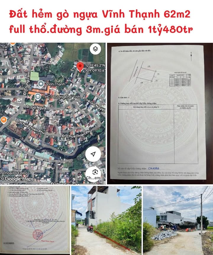 Đất thổ cư Gò Ngựa Vĩnh Thạnh 62m² giá 1.48 tỷ - Cơ hội đầu tư tuyệt vời!