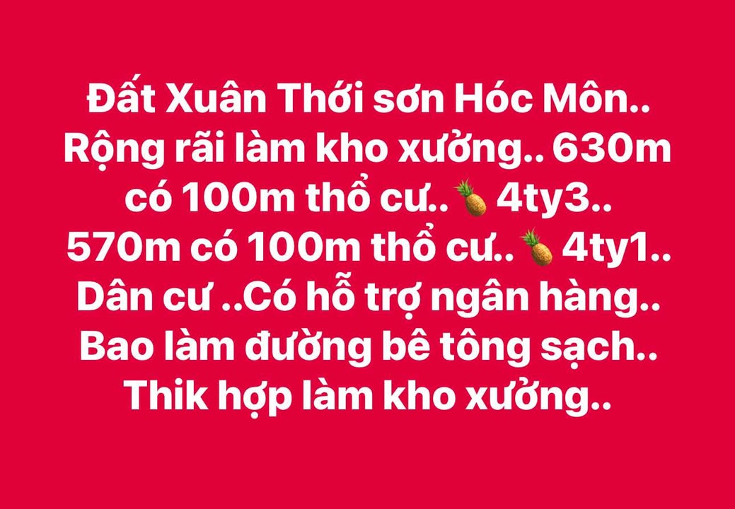 Đất nền Xuân Thới Sơn Hóc Môn 630m² giá 4.3 tỷ - Tiềm năng phát triển lớn!