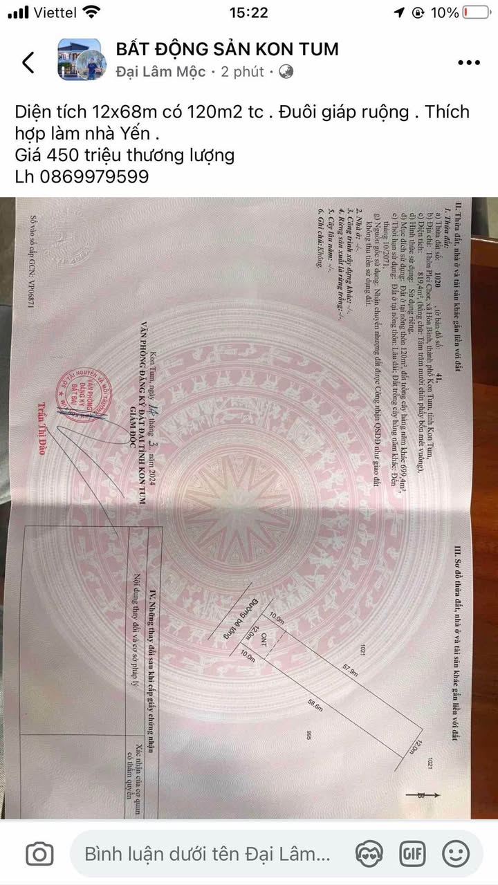 Đất thổ cư Hòa Bình, Kon Tum 816m² giá thỏa thuận - Lý tưởng làm nhà vườn!