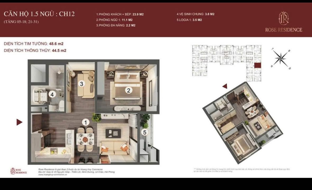 Căn hộ Hoàng Huy Rose Lê Chân 48.6m² giá 1.95 tỷ - View toàn cảnh thành phố