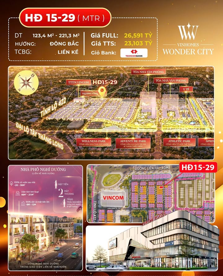Townhouse Vinhomes Wonder City Đan Phượng 123m² giá 23.1 tỷ - Không gian sống lý tưởng!