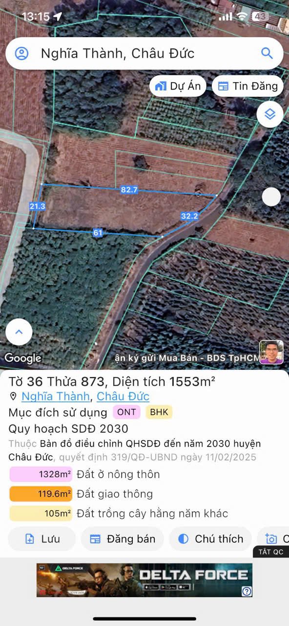 Đất nền Nghĩa Thành, Châu Đức 1500m² giá 3.6 tỷ - Sổ đỏ chính chủ, hai mặt tiền!